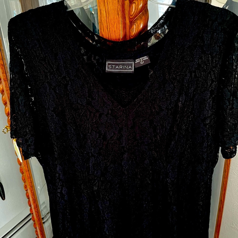 Starina black long lace dress with full lining size Large